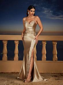 惊艳的金色长款伴娘礼服，细肩带露背设计和独特的高开衩设计 - 金色 - 查看 6