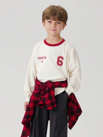 MARC&JANIE Camiseta de manga larga de cuello redondo con estampado de letras de color contrastante para niños pequeños, de otoño