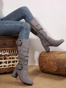 Bốt cao đến đầu gối, khóa cài xếp ly, gót nhọn, khóa kéo bên hông, phong cách Âu Mỹ, thu/đông 2025 dành cho nữ cỡ lớn - Xám - Xem 4