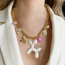 Collar de joyería con colgante de formas variadas (flor, caballo, ojo malvado, perro grande, caramelo, arcoíris, oso, cerradura, té, leche, píldora) con conector de circonita cúbica con micro pavé, broche de tornillo chapado en oro de 18K, estilo bohemio, para mujer