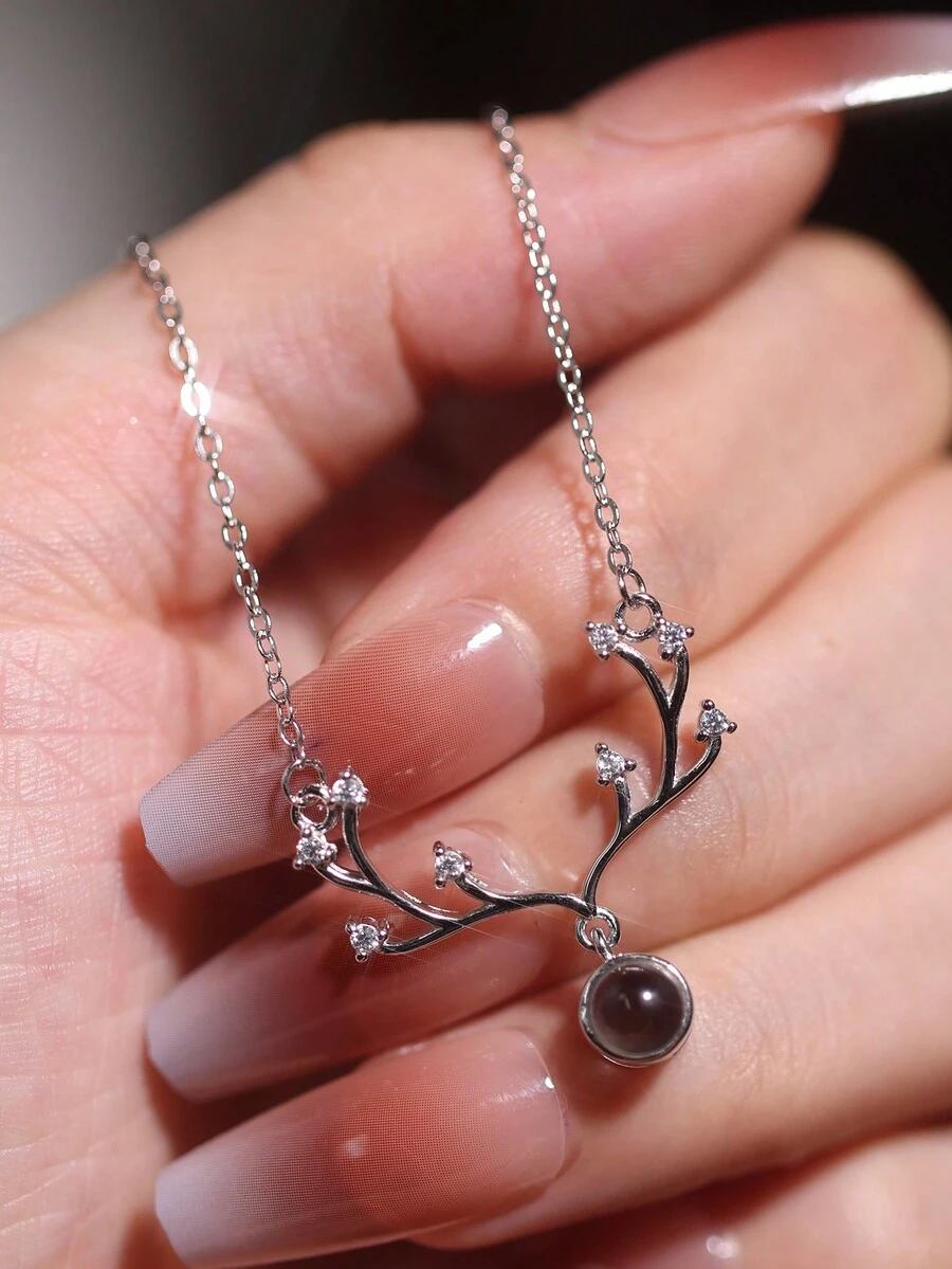 1 chiếc vòng cổ mặt dây chuyền đầu hươu bằng bạc Sterling 925 Zirconia, quà tặng sáng tạo sang trọng, quà tặng cầu hôn, 2 màu tùy chọn, phù hợp để phụ nữ đeo hàng ngày - Bạc - Xem 1
