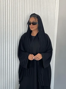 Women 2pcs Set Gray Long Robe With Striped Embroidered Cardigan And Headscarf, Modest Abaya