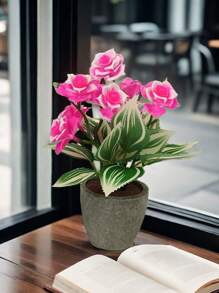 Planta artificial en maceta con hojas de menta, flor de lirio, planta falsa para decoración del hogar, mini maceta de piedra para paisajismo, regalo para el Día de San Valentín