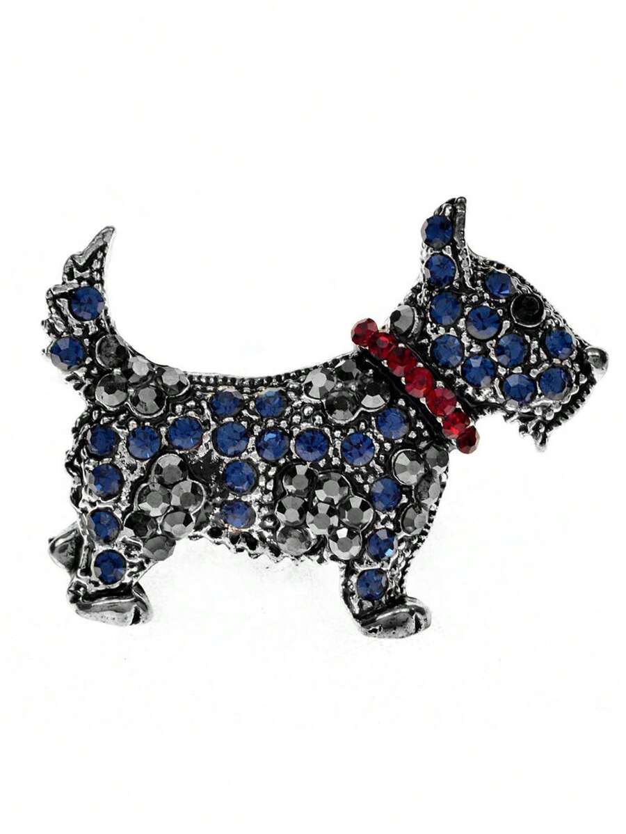 1pc Cute Crystal Studded Red Dog/Schnauzer Design Brooch, Holiday Gift For Girlfriend - Blue - View 1
