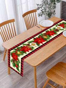 1 件一品红圣诞桌旗、圣诞红花桌布、圣诞快乐桌旗、圣诞桌布、圣诞厨房装饰、圣诞饰品、圣诞家居装饰、圣诞餐桌装饰、圣诞家居装饰、房间装饰、圣诞礼物、圣诞礼物、圣诞装饰、2026 新年装饰 - 紅黑格邊紅花 - 查看 2