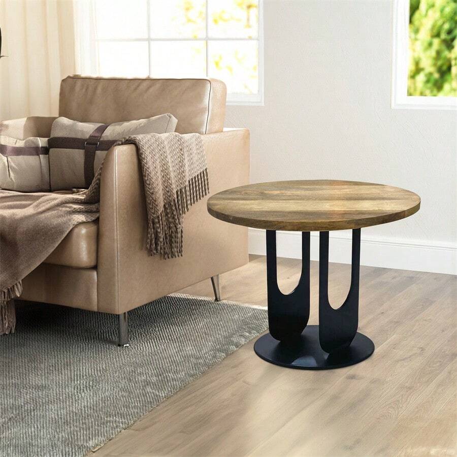 22 Inch Side End Table, Round Natural Mango Wood Top, Black Iron U