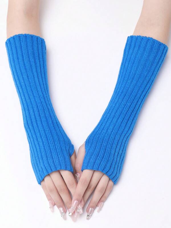 1 par listrado cor sólida casual rua chique acrílico malha intarsia aquecedores de braço, moda de comprimento médio luvas sem dedos quentes, acessório outono/inverno