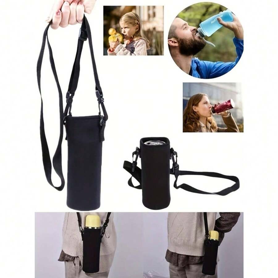 1pc Black Color Insulated Water Bottle Sleeve, Scratch Resistant, Crossbody Portable Holder (Bottle Not Included) - Black - View 1