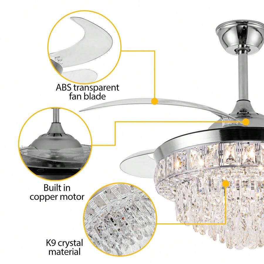 Crystal Ceiling Fan With Light,42Inch Crystal Fandelier, Modern