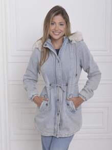 Fur-Lined Denim Parka With Removable Hood - 霧霾藍 - 查看 1