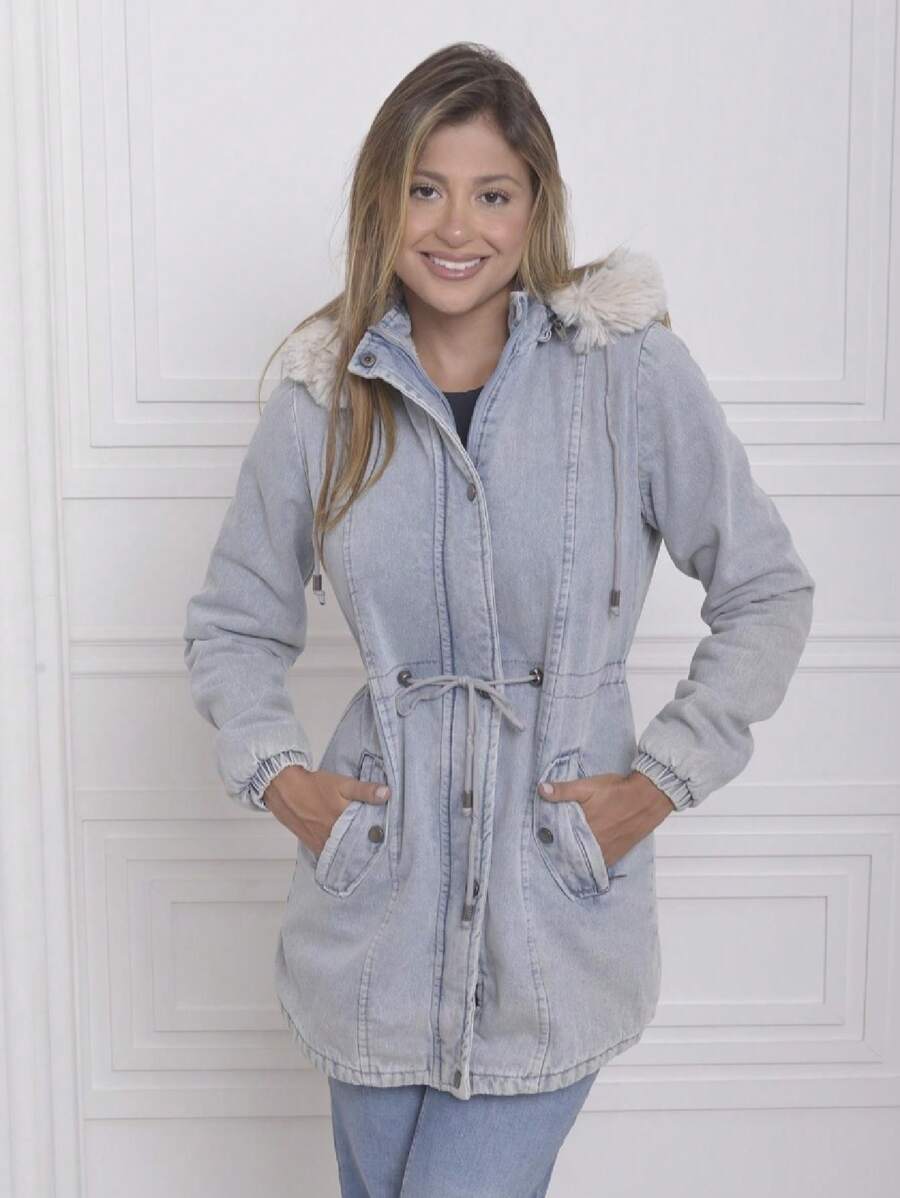 Fur-Lined Denim Parka With Removable Hood - 霧霾藍 - 查看 1