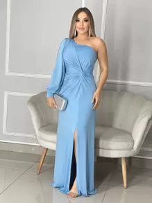 Long Dress With Sleeves For Bridesmaid Wedding Graduation Light Party - Baby Blue - View 2