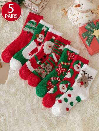 5 Pairs (Random Style) Christmas Series Flannel Cute Santa Claus & Elk Flannel Warm Thick House Slippers & Stockings, Winter