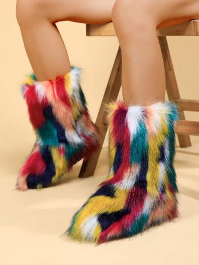 Botas de neve femininas, quentes, de inverno, bico redondo, antiderrapantes, cano médio, peludas, botas de esqui de inverno da moda personalizada