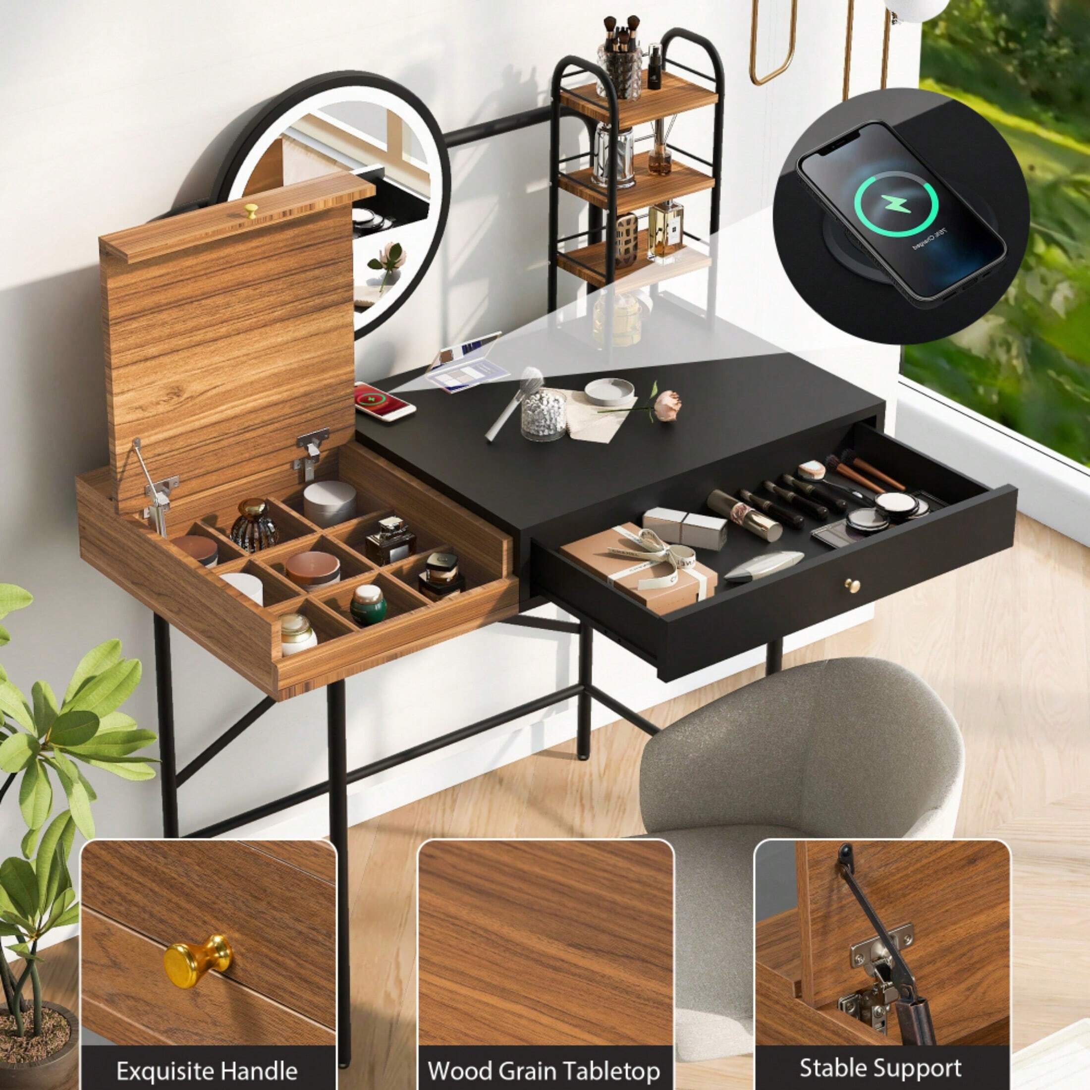 FKZNPJ Makeup Vanity Desk With 3 Mode Lighted Mirror Wireless Charging