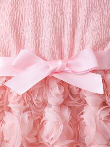 年轻女孩优雅纯色拼布 3D 玫瑰长袖及膝连衣裙（配腰带）