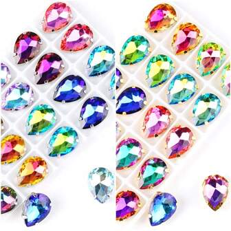 水滴形、彩虹色、银色、金色金属爪基、花式椭圆闪亮手工缝纫水晶玻璃手工缝制水钻装饰珠平背有孔宝石 DIY 配件缝制石头水钻用于装饰衣服、连衣裙、包、鞋子、胸针、耳环、手工艺品 DIY。