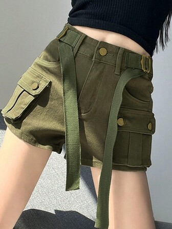 2025年新款夏季女式高腰提臀短裤牛仔工装裤