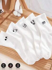 Sports Outdoor 5 Pairs Women's Cartoon Casual Socks Round Neck Mid Tube Fashionable Cute Expression Pattern Socks Casual Breathable Autumn Girls Socks - White - View 2