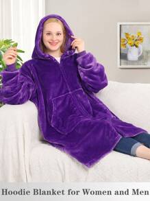 1 Pcs Wearable Blanket Sweatshirt For Women And Men, Warm And Cozy Oversized Blanket Hoodie, Thick Flannel Blanket With Full Zipper And Giant Pocket, Birthday Gifts For Women, Sister, Teen Girl Gifts - Zip Dark Purple - View 3