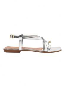 ZATURE STORES Women's Metallic Flat Sandals Metal Bold Adjustable Buckle Casual And Comfortable For Summer - Bạc - Xem 6