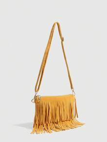 1 件女士波西米亚风手提包，鹿皮绒面复古哑光水桶包，英伦风小方包，流苏斜挎包，橄榄绿、黑色、咖啡棕可选。适合上学、工作、商务、通勤、户外、旅行 - 黃色 - 查看 2