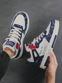 男士时尚前系带随机印花高帮休闲运动鞋，时尚街头时尚硫化平底步行鞋，适合青少年，男女通用 - 米蘭 - 查看 8