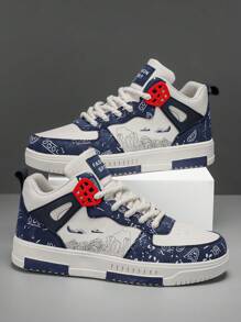 男士时尚前系带随机印花高帮休闲运动鞋，时尚街头时尚硫化平底步行鞋，适合青少年，男女通用 - 米蘭 - 查看 3