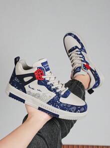 男士时尚前系带随机印花高帮休闲运动鞋，时尚街头时尚硫化平底步行鞋，适合青少年，男女通用 - 米蘭 - 查看 11