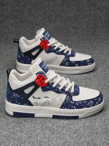 男士时尚前系带随机印花高帮休闲运动鞋，时尚街头时尚硫化平底步行鞋，适合青少年，男女通用 - 米蘭 - 查看 4