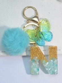 1 件树脂双色英文字母钥匙扣带蝴蝶绒球装饰，送给朋友或妈妈的礼物万圣节汽车配件包饰背包学校万圣节配饰教师节 - 藍綠色 - 查看 18