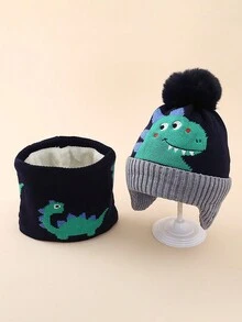 Set de 2 piezas: Gorro de esquí de punto con estampado de dinosaurio Y2K + Bufanda, gorra de invierno y calentador de cuello unisex para clima frío, uso casual de invierno