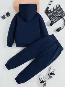 年轻男孩字母印花连帽运动衫和慢跑裤套装 - 寶藍色 - 查看 2