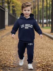年轻男孩字母印花连帽运动衫和慢跑裤套装 - 寶藍色 - 查看 1