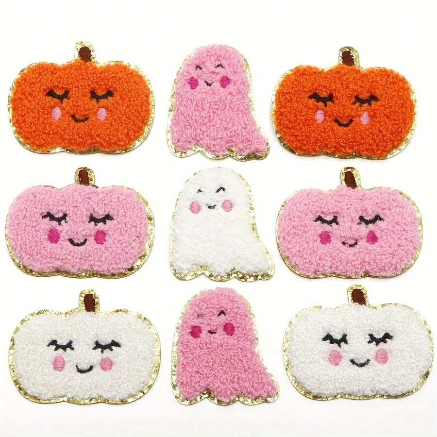 2pcs Pumpkin Ghost Chenille Iron On Patches Embroidery Patch Halloween Patch Sew On Patch For Clothing Jacket Backpack Decoration - Multicolor - View 1