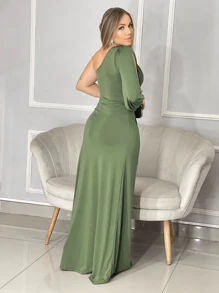 Long Dress With Sleeves For Bridesmaid Wedding Graduation Light Party - Army Green - View 2