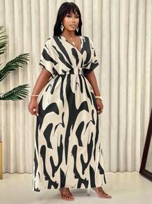 Plus Size Women Summer V-Neck Geometric Printed Batwing Short Sleeve Dress (Random Floral Pattern) - Apricot Black Flower - View 4