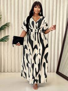 Plus Size Women Summer V-Neck Geometric Printed Batwing Short Sleeve Dress (Random Floral Pattern) - Apricot Black Flower - View 5