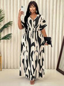 Plus Size Women Summer V-Neck Geometric Printed Batwing Short Sleeve Dress (Random Floral Pattern) - Apricot Black Flower - View 6