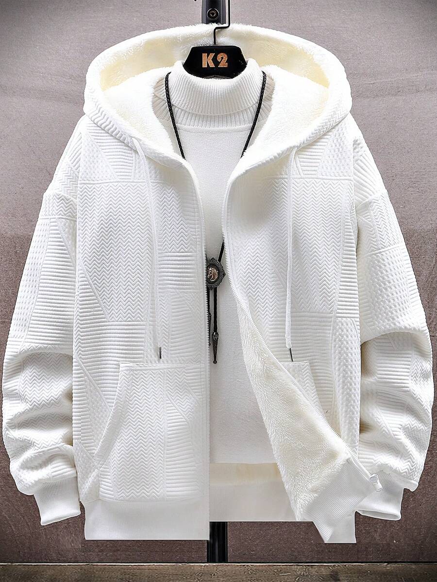 男士长袖休闲宽松保暖加厚连帽外套，适合秋冬季穿着