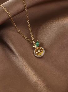 1pc Colorful Zirconia Encrusted Fruit Design Pendant Necklace, Stylish And Cute For Young Girls, Dainty Clavicle Chain