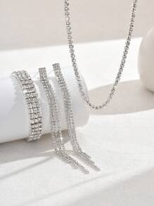 4pcs Women Jewelry Set, European And American Fashion Charm Rhinestone Chain Bracelet, Earrings, Necklace Jewelry Set, Gift For Mother - Multicolor - View 4