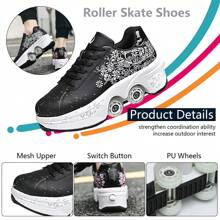Transformable Roller Skate Shoes,Women Men Retractable Four Wheel Double-Row Skates Multifunctional Outdoor Sneakers Black Flower Casual Walking Shoes For Teens, Students& Aldult - 黑色 - 查看 4