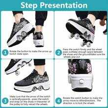 Transformable Roller Skate Shoes,Women Men Retractable Four Wheel Double-Row Skates Multifunctional Outdoor Sneakers Black Flower Casual Walking Shoes For Teens, Students& Aldult - 黑色 - 查看 7