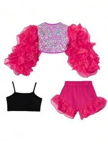 少女 3 件套紫红色时尚舞蹈表演服装派对礼服 (Y0569) - 玫紅色 - 查看 2