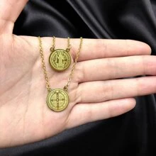 Scapular Medal Saint Benedict In Stainless Steel Men's Chain Necklace 70cm Gold Plated - Vàng - Xem 5