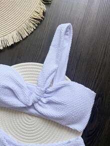 Women Ribbed Solid Color Asymmetrical Neck Bikini Top And Bottom Swimwear, For Summer Beach Vacation - White - View 6