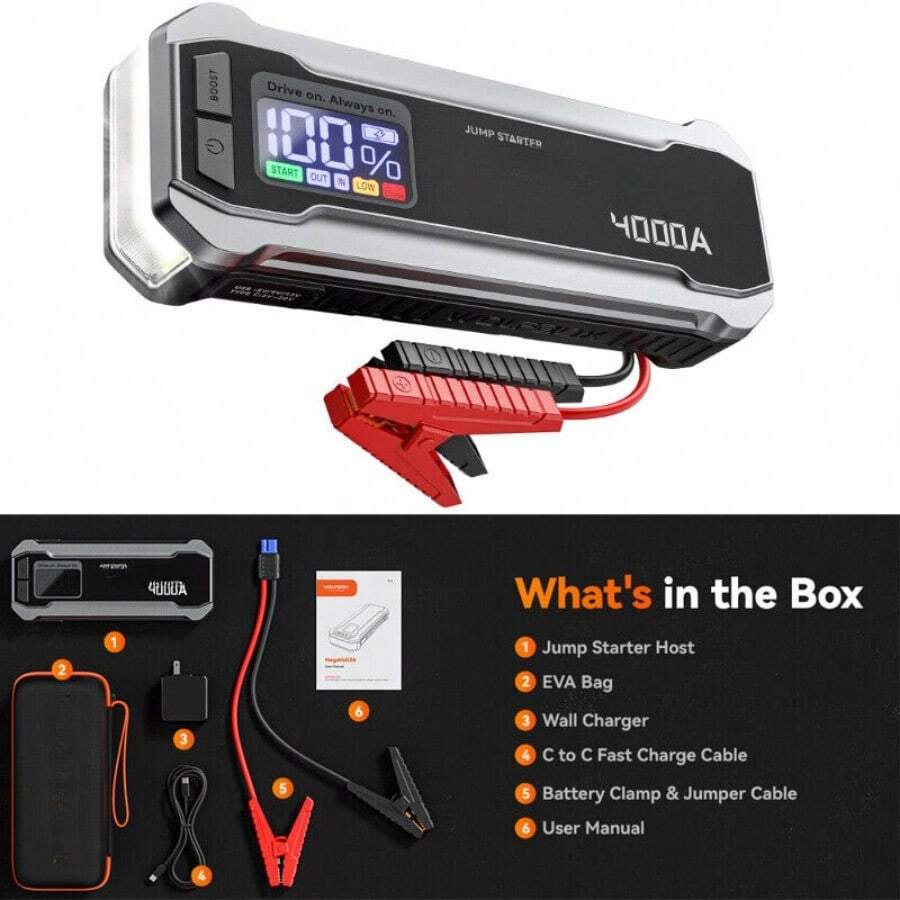Car Battery Jump Starter 4000A, 12V LED Display Portable Jumpstart Box