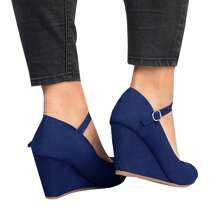 Womens Wedge Shoes Closed Toe Mary Jane Pumps Ankle Strap High Heels Comfortable Office Wedding Dress Shoes - 藏蓝色 - 查看 3