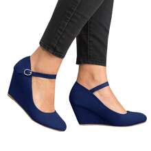 Womens Wedge Shoes Closed Toe Mary Jane Pumps Ankle Strap High Heels Comfortable Office Wedding Dress Shoes - 藏蓝色 - 查看 2